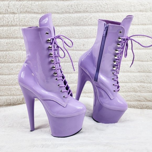Lavender Lilac Purple Patent Platform 7" Heel Lace Up Ankle Boots - Picture 10 of 13